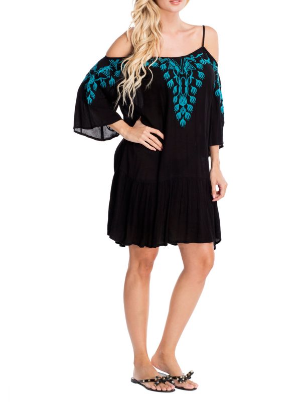 La Moda Clothing Embroidered Cold-Shoulder Beach Dress